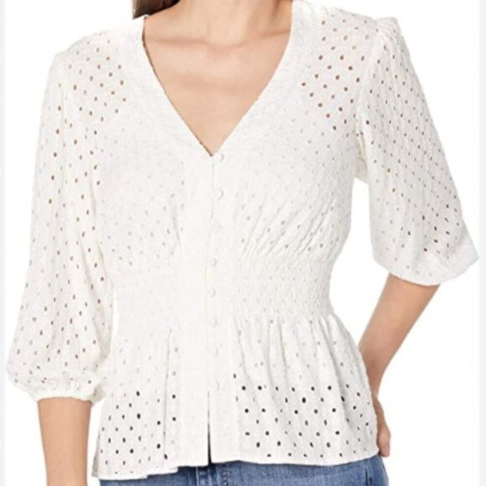 BCBGMaxazria White Top Peplum Blouse Eyelet Button Down Sz. L